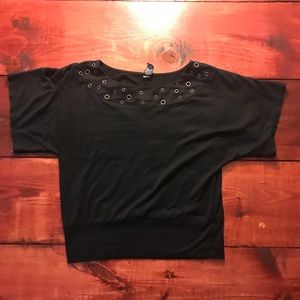 Grommet neckline dolman sleeve top